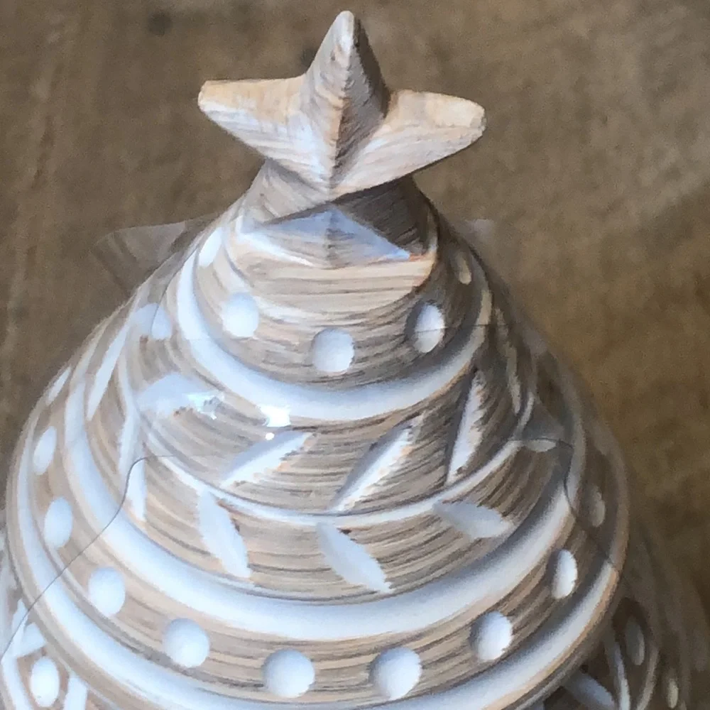 🤎🤍🤎 Bathroom Q-Tip Holder Christmas Tree Wooden White & Gold Wash 🤎🤍🤎 NWT